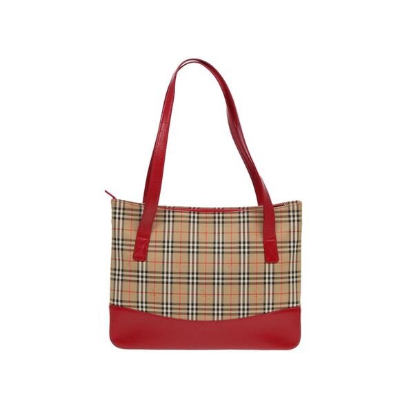 Pre Loved Burberry Red Leather Trim Tote Beige Check Pattern Women Tote Bags - Picture 3 of 8